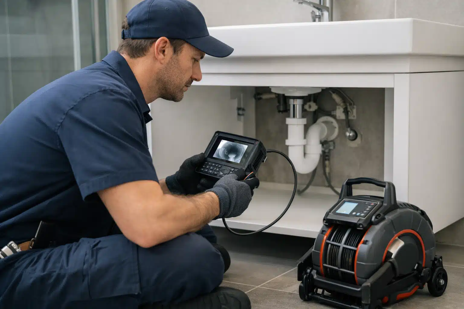 Technicien inspectant les tuyaux sous l'évier avec caméra d'inspection