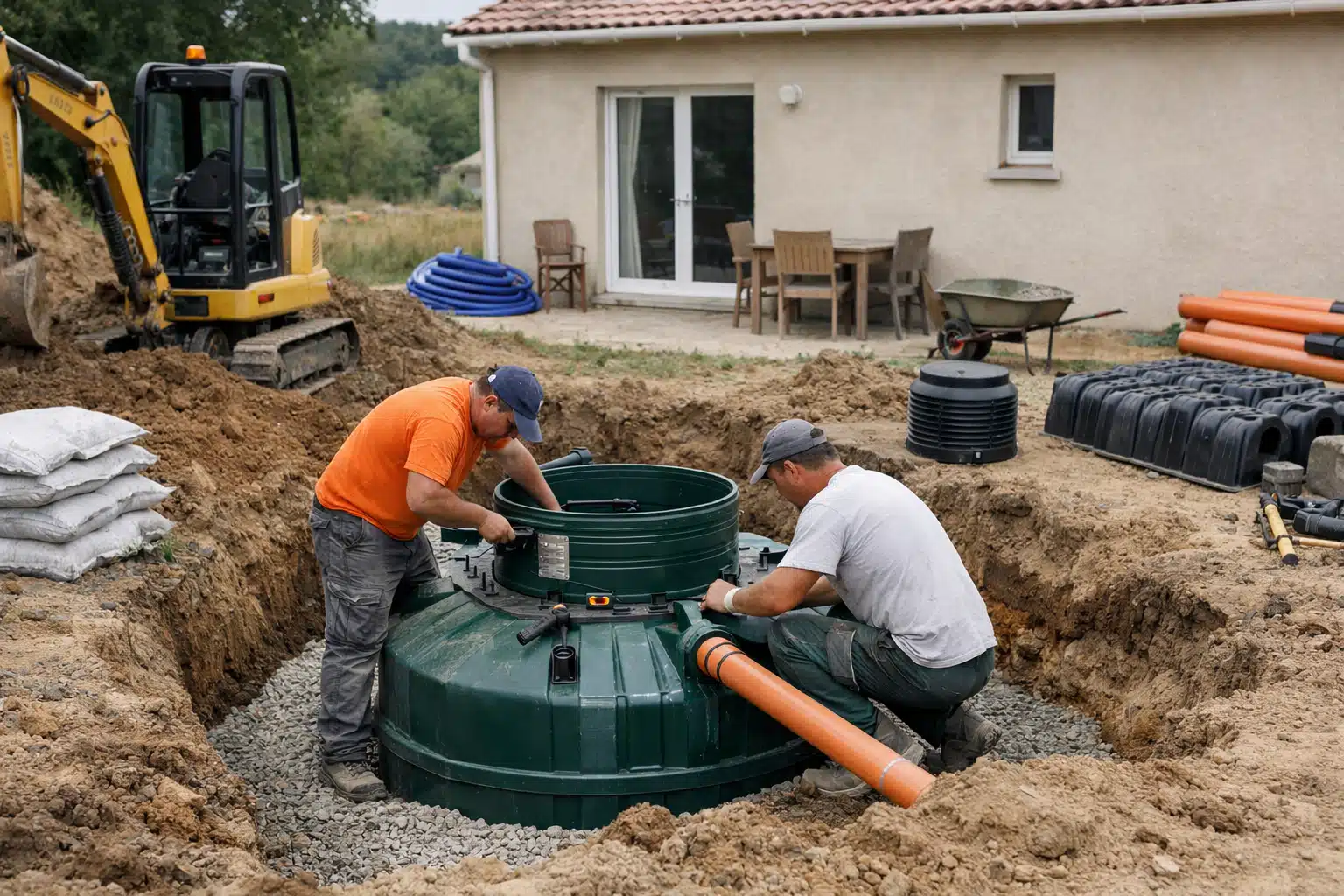Deux ouvriers installant une fosse septique enterrée