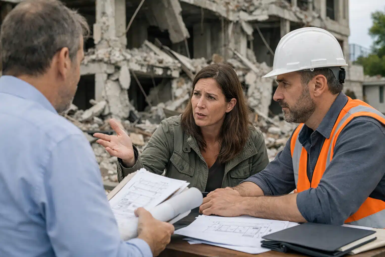 Trois professionnels examinant des plans devant bâtiment effondré