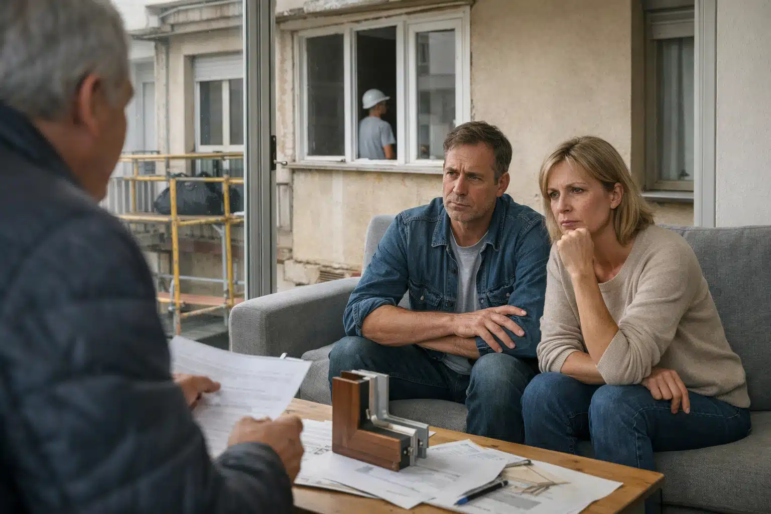 Couple inquiet assis discutant de documents