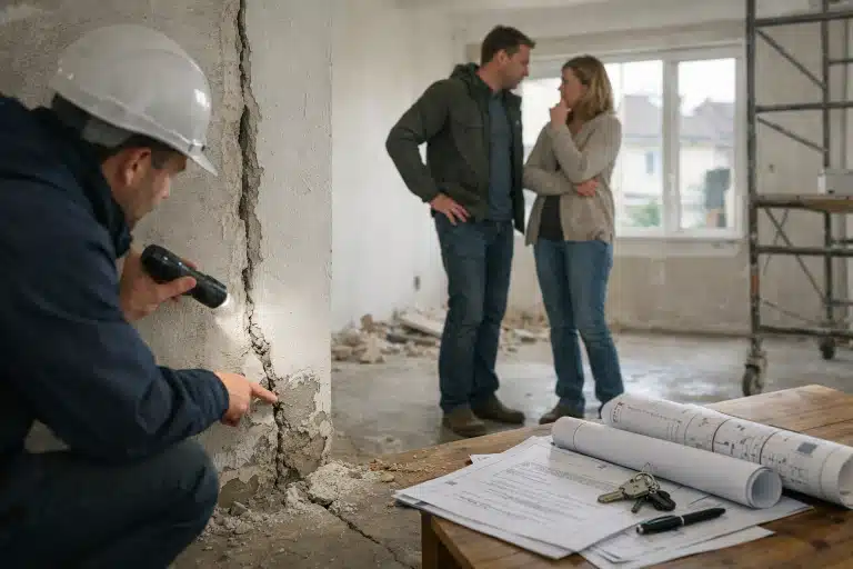 Couple discutant des plans avec entrepreneur sur chantier