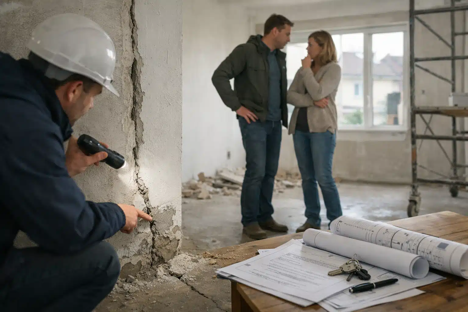 Couple discutant des plans avec entrepreneur sur chantier