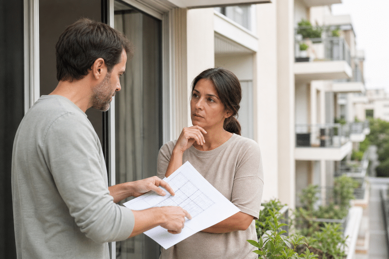 Homme et femme discutant des documents sur balcon