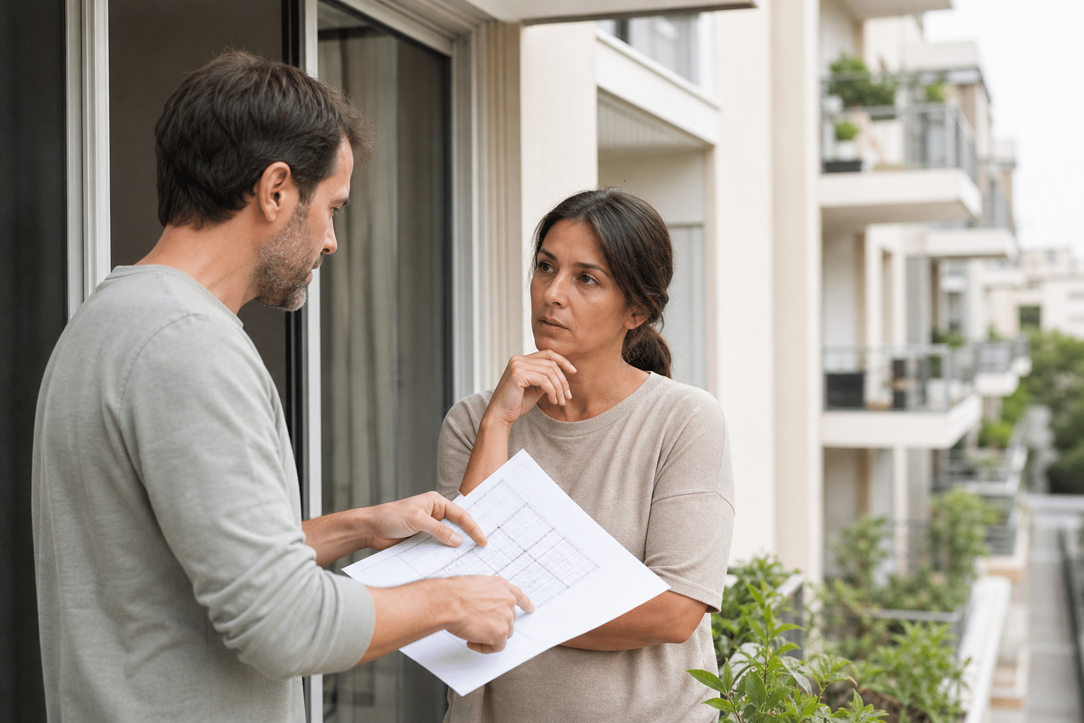 Homme et femme discutant des documents sur balcon