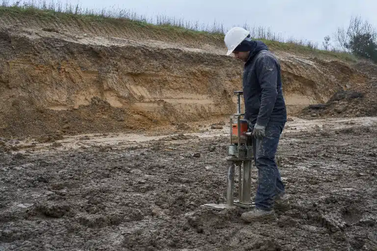 technicien en casque réalisant un forage géotechnique dans la terre
